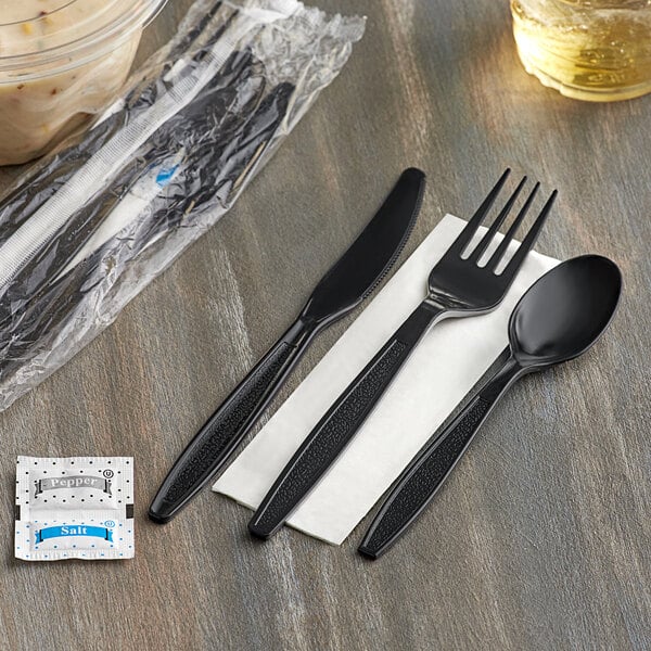Choice Black Heavy Weight Wrapped Plastic Cutlery Pack with Napkin and Salt and Pepper Packets - 500/Case