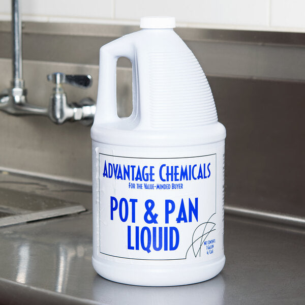 A white jug of Advantage Chemicals pot and pan liquid detergent with blue text on it.