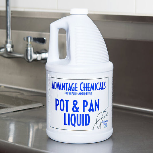 A white jug of Advantage Chemicals pot and pan liquid detergent with blue text on it.