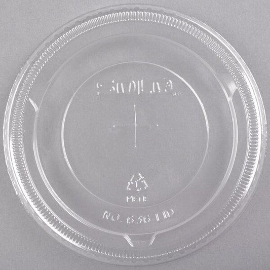 A clear plastic Solo lid with a straw slot on a clear plastic container.