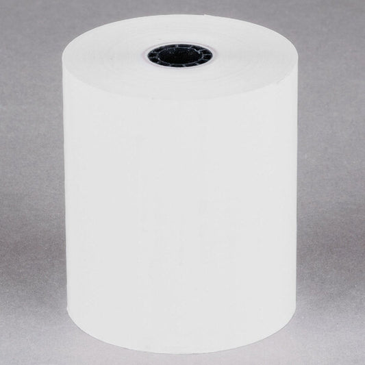 A white roll of Point Plus thermal cash register paper with a black core.