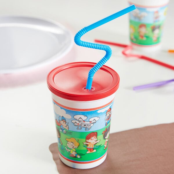 A white plastic kids cup with a straw and a lid.