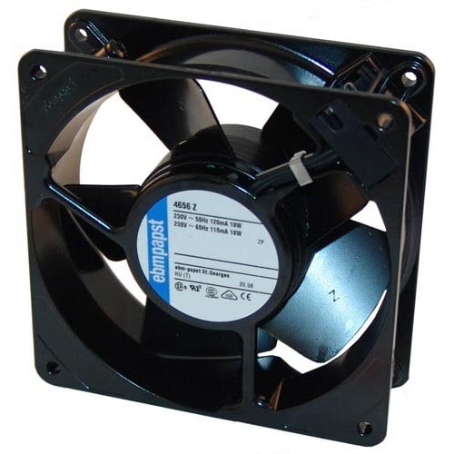 A black fan with a white label.