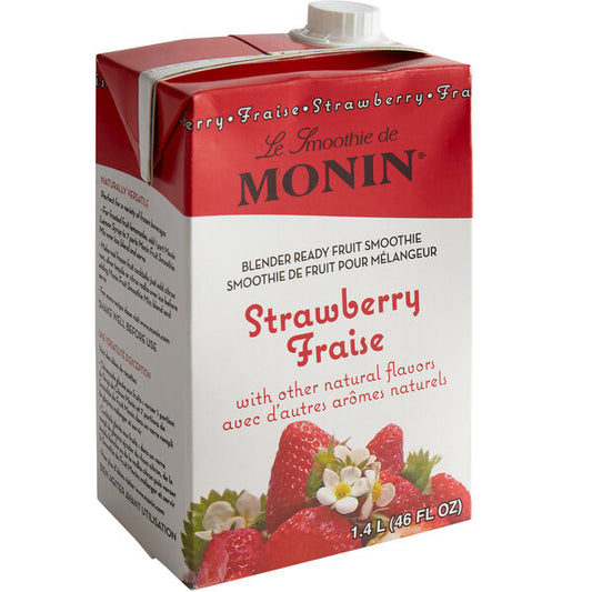 A carton of Monin Strawberry Fruit Smoothie Mix with a white background.