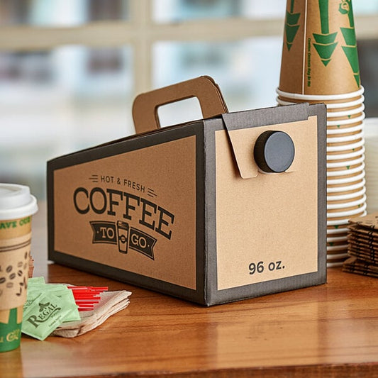 A brown and black Choice beverage take-out container with a coffee cup design.