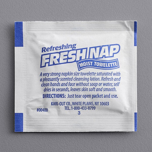 A white and blue 5" x 7 1/2" Lemon Scented Moist Towelette packet with blue text.