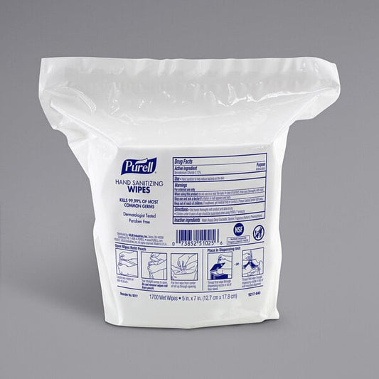 A white plastic Purell refill bag with blue text.