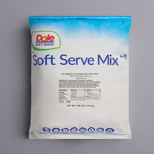 A white bag of DOLE Soft Serve Strawberry Mix with blue text.