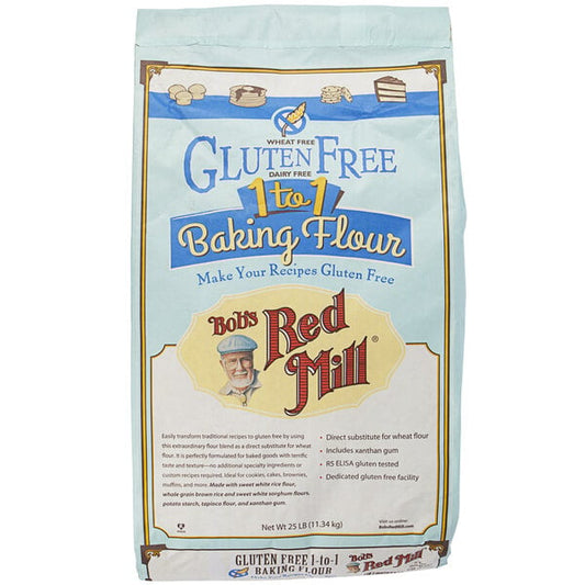 A close up of a Bob's Red Mill bag of gluten-free baking flour.