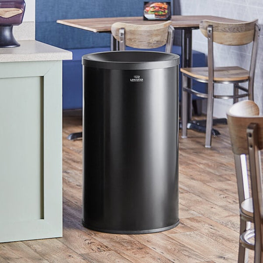 A black Lancaster Table & Seating steel decorative waste receptacle.
