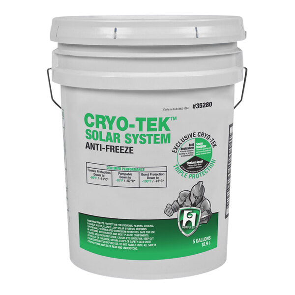 A white bucket of Hercules Cryo-Tek solar system antifreeze with green text.