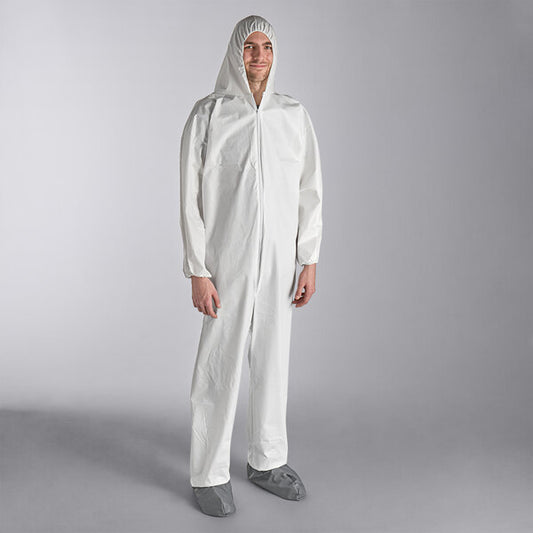 Premium select White 53 GSM Heavy Weight Microporous Polypropylene Zipper Front Long Sleeve Coveralls with Elastic Wrists, Attached Boots, and Hood - 2XL - 25/Case