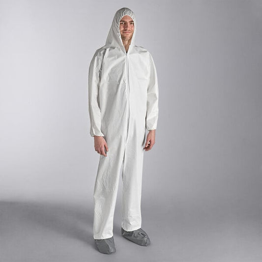 Premium select White 53 GSM Heavy Weight Microporous Polypropylene Zipper Front Long Sleeve Coveralls with Elastic Wrists, Attached Boots, and Hood - M - 25/Case