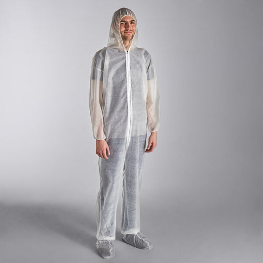 Premium select White Polypropylene 26 GSM Standard Weight Zipper Front Long Sleeve Coveralls with Elastic Wrists, Attached Boots, and Hood - XL - 25/Case
