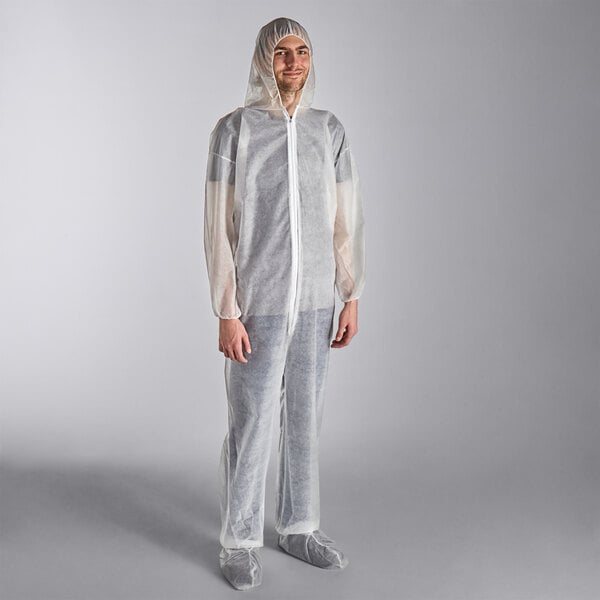 Premium select White Polypropylene 26 GSM Standard Weight Zipper Front Long Sleeve Coveralls with Elastic Wrists, Attached Boots, and Hood - 3XL - 25/Case