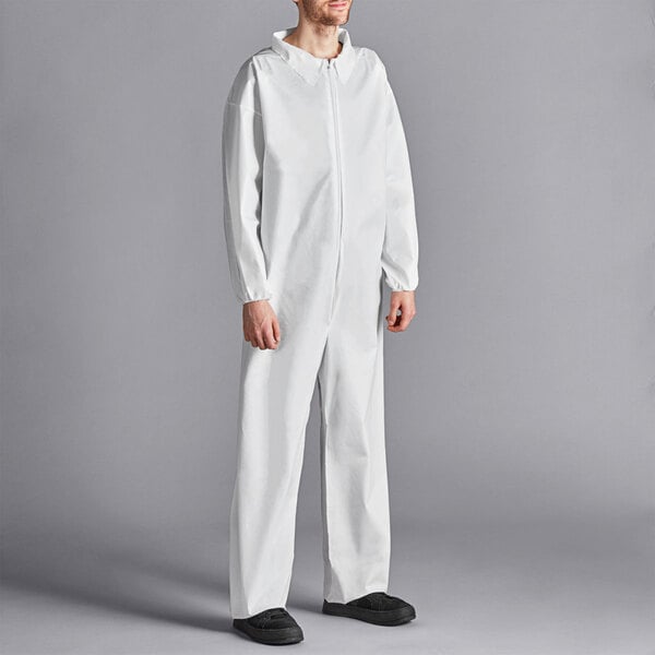 Premium select White 53 GSM Heavy Weight Microporous Polypropylene Zipper Front Long Sleeve Coveralls with Elastic Wrists and Ankles - 2XL - 25/Case
