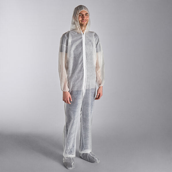 Premium select White Polypropylene 26 GSM Standard Weight Zipper Front Long Sleeve Coveralls with Elastic Wrists, Attached Boots, and Hood - 3XL - 25/Case