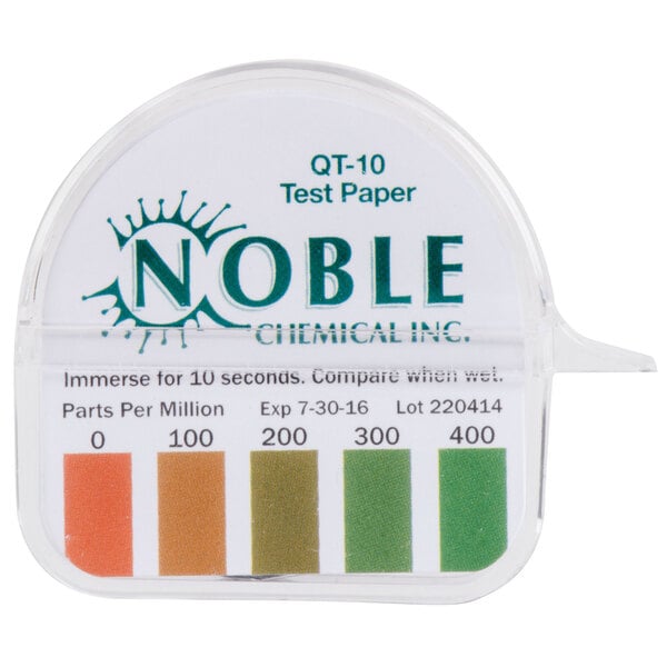 A Noble Chemical QT-10 quaternary test paper dispenser with green test paper.